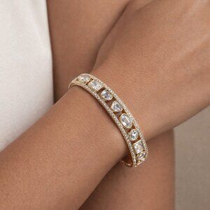 Artisan Modernist Shiny Gold Bangle Bracelet with Pave CZ Assorted Shapes